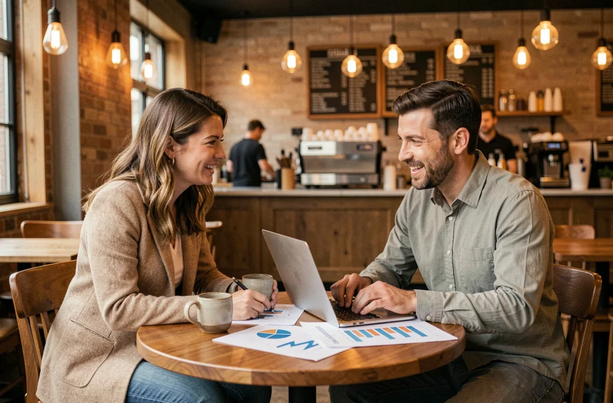 Deux associés discutant de la stratégie de développement de leur entreprise en ligne autour d'un ordinateur portable dans un café