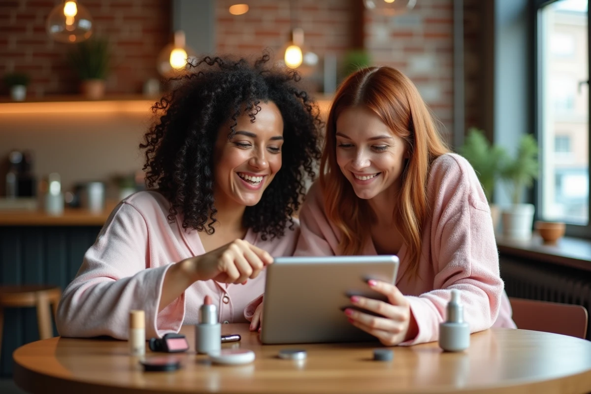 Deux femmes consultant des avis de produits beauté sur tablette avec des cosmétiques éparpillés sur une table en bois