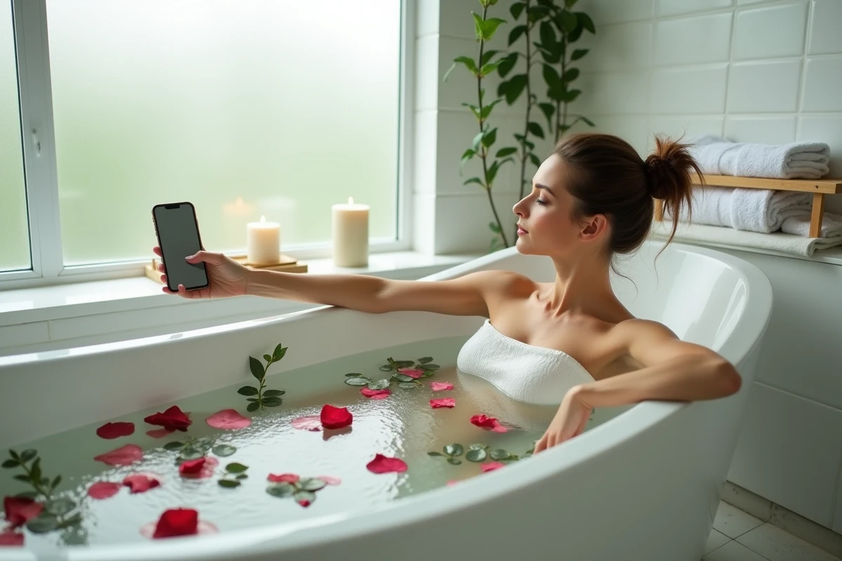 Femme se relaxant dans un bain de pétales de rose en suivant une expérience spa numérique sur smartphone