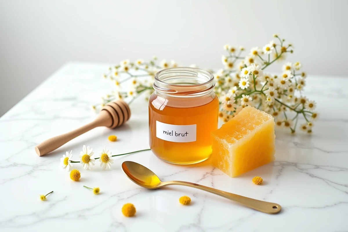 Bocal de miel brut, rayon de miel et cuillère doseuse sur marbre blanc pour illustrer la consommation raisonnée de miel dans un régime sans sucre