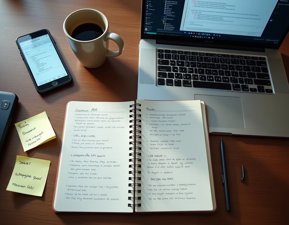 Vue aérienne d'un bureau de développeur avec un outil de test d'API ouvert sur un ordinateur portable, un carnet de notes et des annotations d'endpoints REST