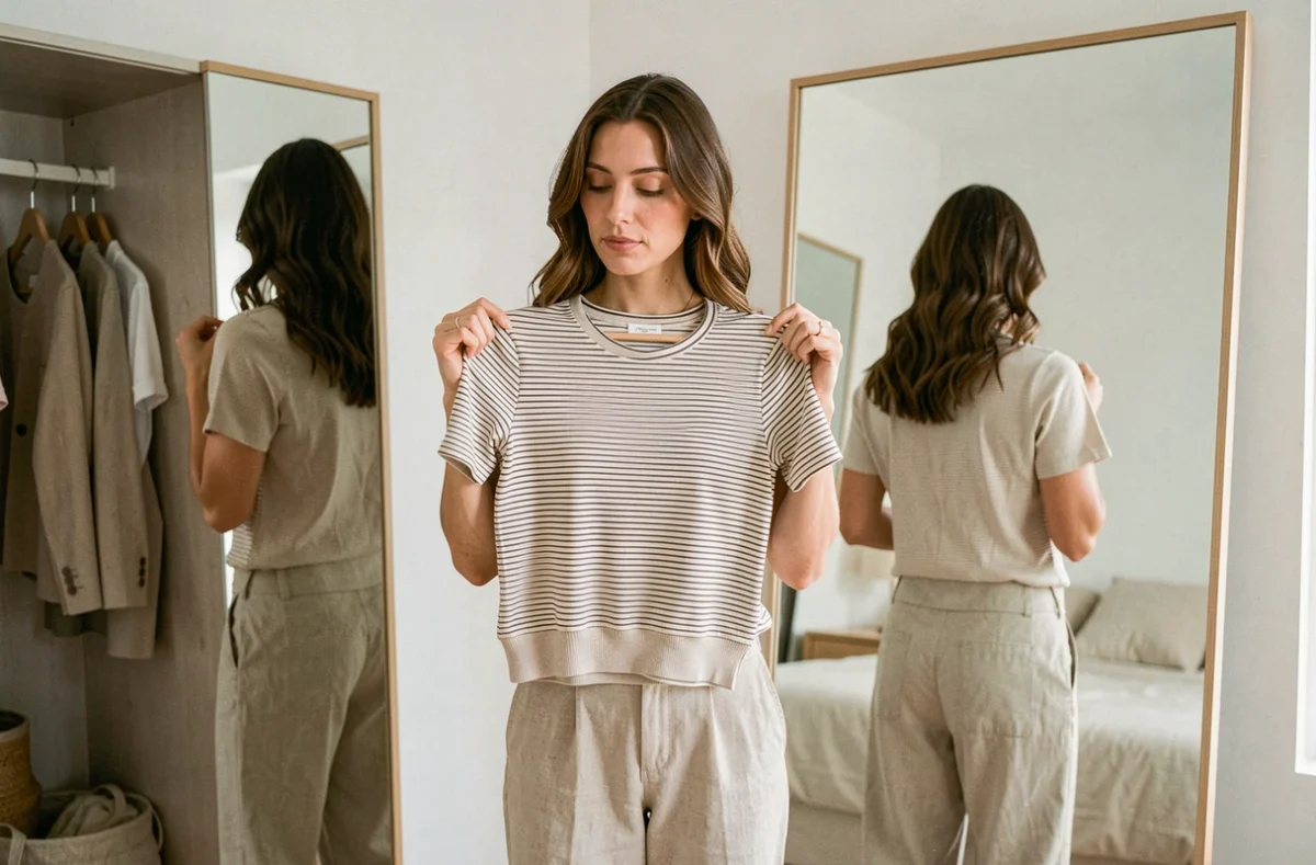 Femme tenant un top classique et un crop top devant un miroir dans une chambre minimaliste, illustrant comment choisir entre les deux styles de hauts