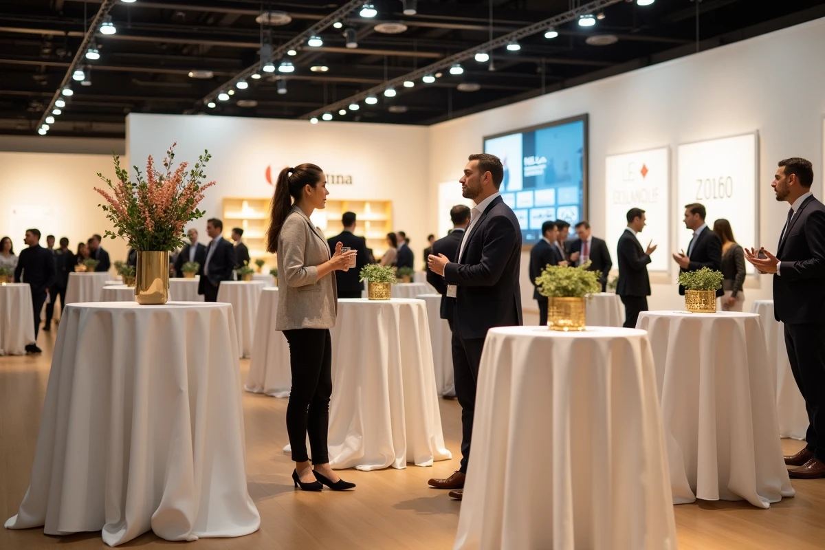 Cocktail professionnel organisé dans la salle Artimon de Quimper avec tables hautes et professionnels en discussion lors d'un événement d'entreprise
