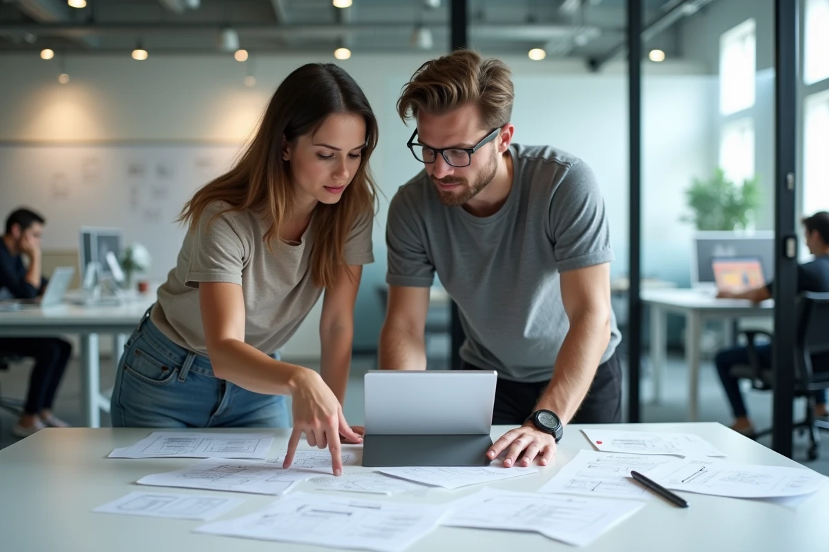 Deux jeunes professionnels collaborant sur des innovations et conseils informatiques autour d'une tablette dans un espace de coworking