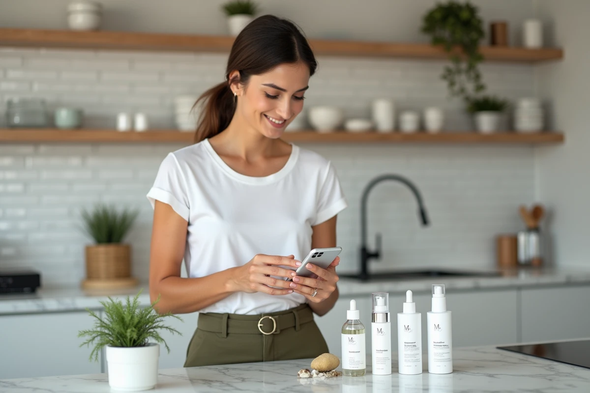 Femme comparant des produits de soin sur smartphone devant une rangée de cosmétiques sur un comptoir en marbre