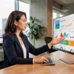 Consultante web analysant les performances digitales d'une entreprise sur un écran de tableau de bord dans un bureau moderne