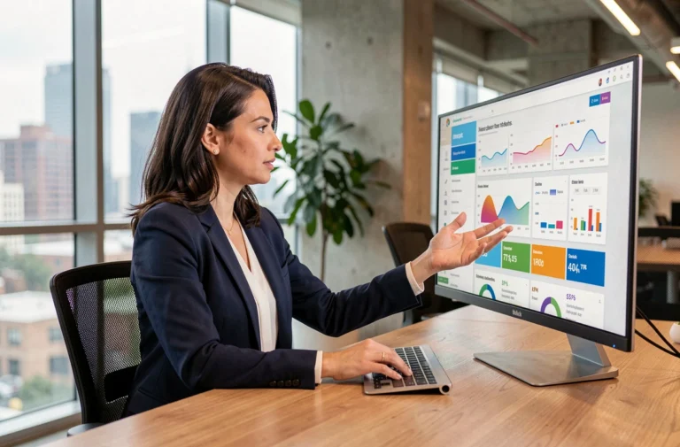 Consultante web analysant les performances digitales d'une entreprise sur un écran de tableau de bord dans un bureau moderne
