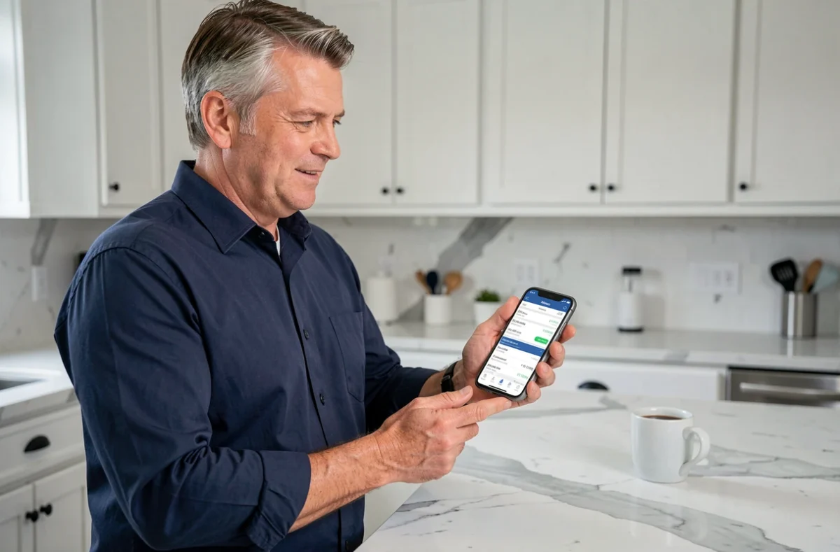 Homme consultant son application bancaire mobile dans une cuisine moderne pour gérer son budget
