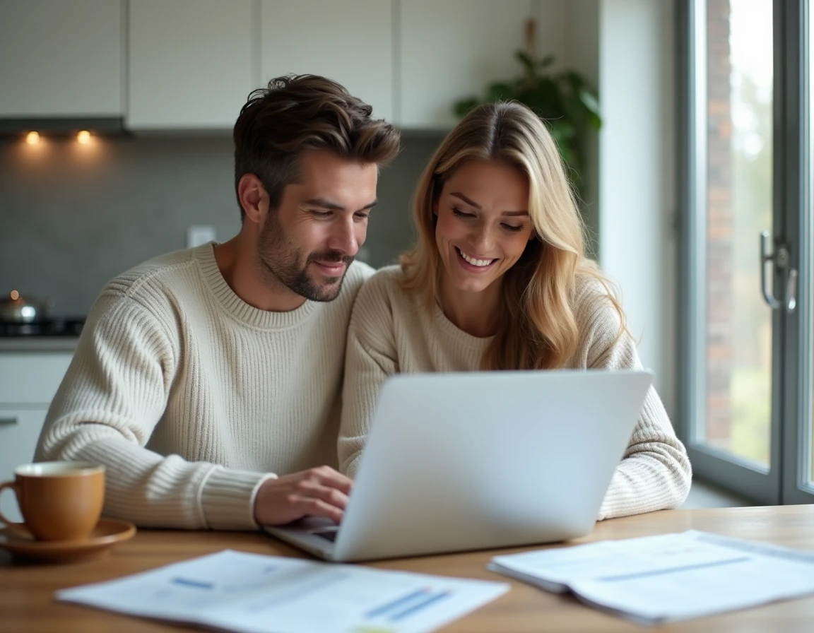 Couple comparant les offres de prêt immobilier entre banque locale et nationale sur ordinateur portable à domicile
