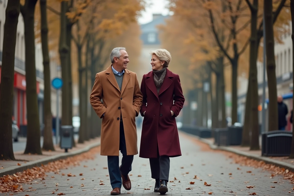 Couple élégant se promenant sur un boulevard parisien en automne, symbolisant la vie de couple discrète d'une personnalité publique française