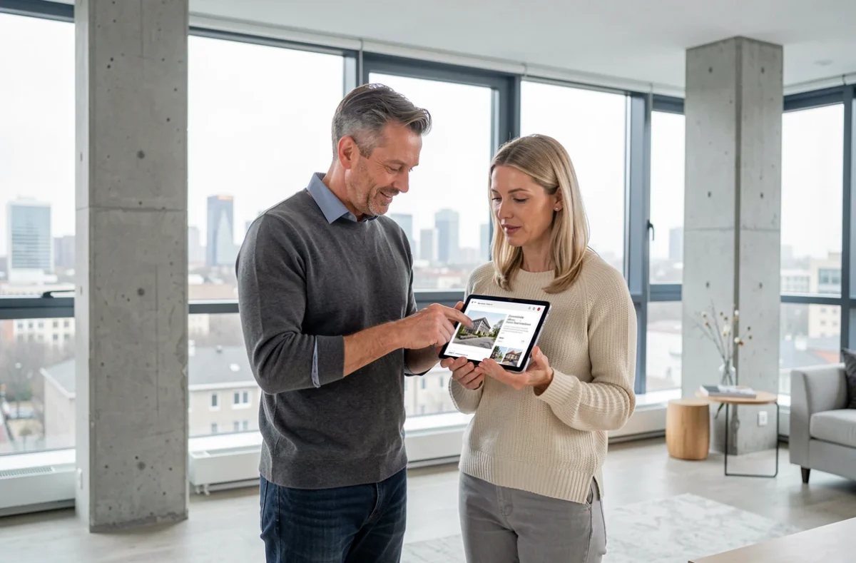 Couple recherchant un bien immobilier sur une tablette dans un appartement moderne aux grandes fenêtres