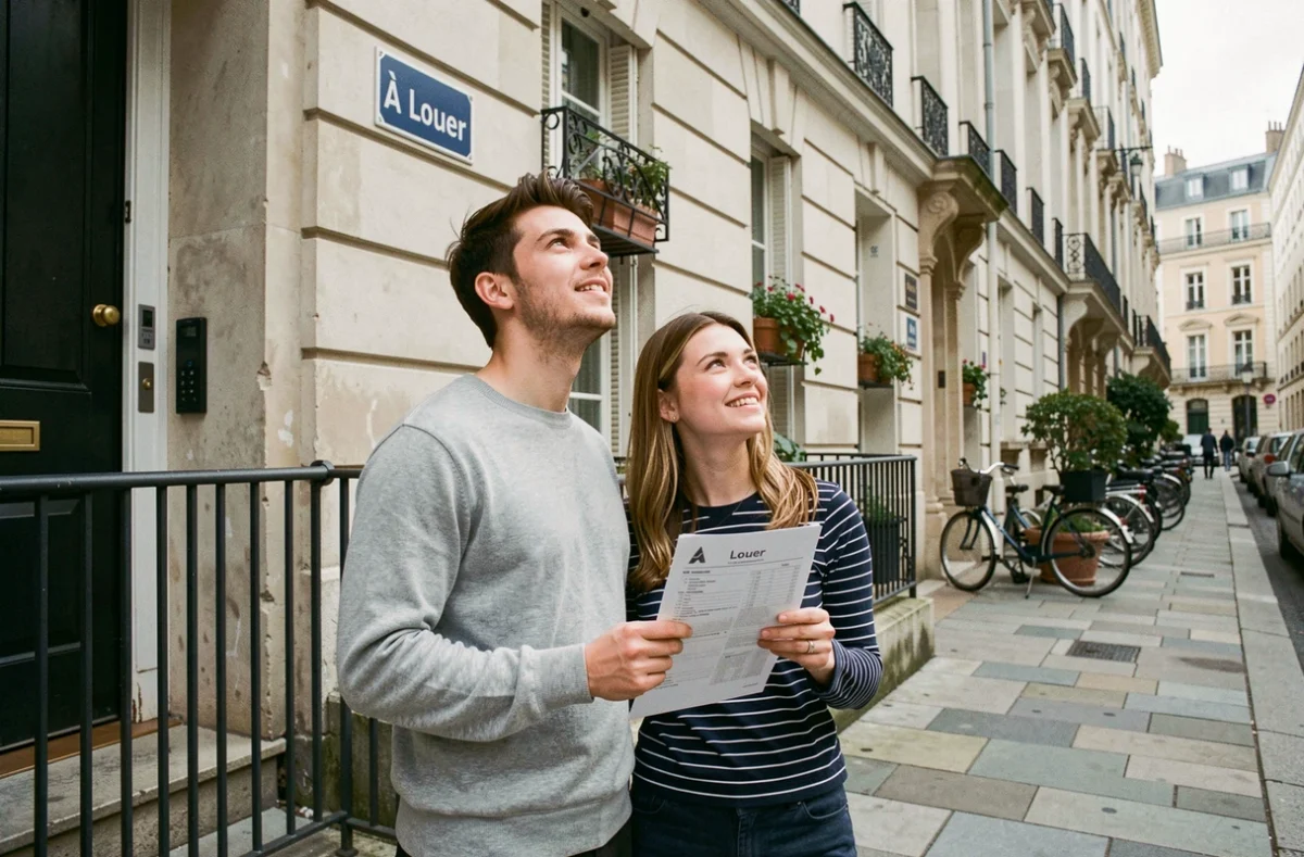 Jeune couple visitant un immeuble résidentiel avec panneau de location dans une rue urbaine européenne