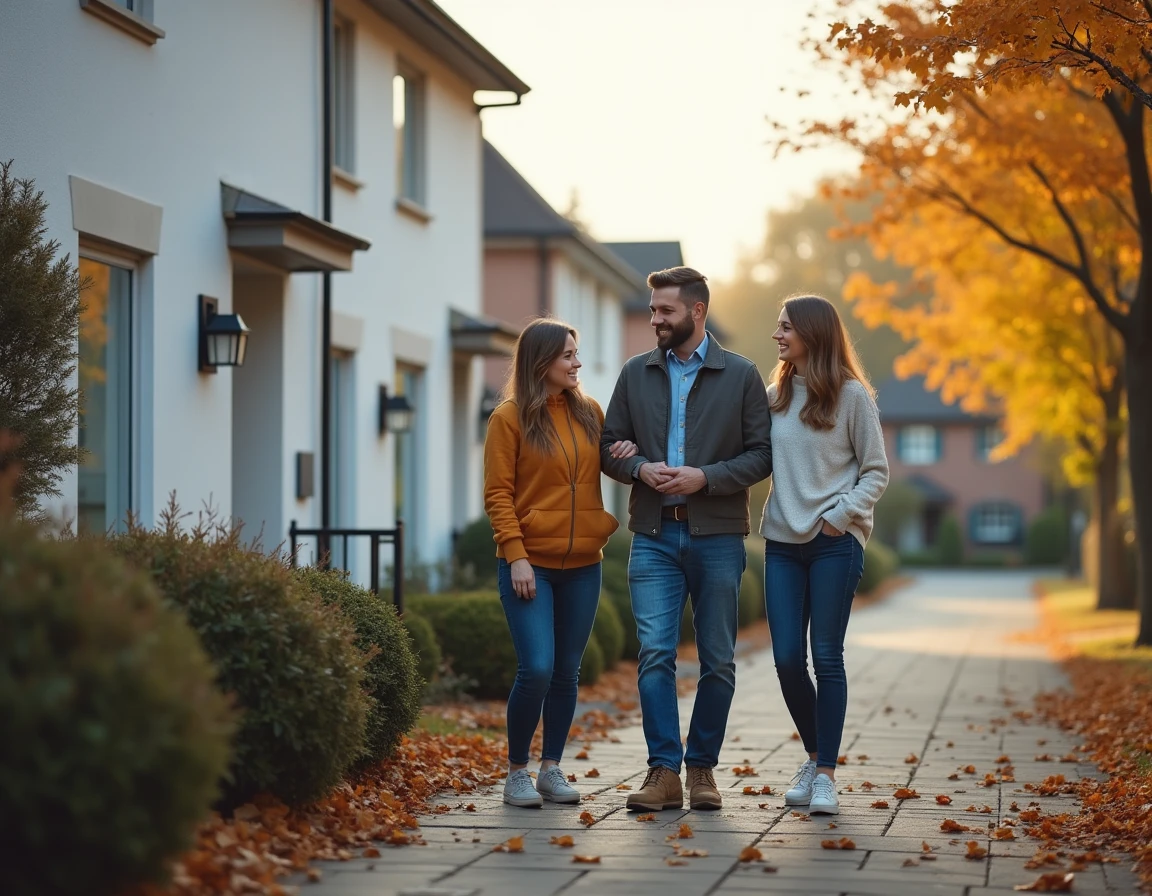 Couple visitant une maison individuelle avec un agent immobilier lors d'une visite extérieure