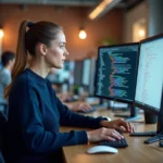 Développeuse web consultant une documentation d'API sur deux écrans dans un bureau tech moderne, illustrant l'intégration de connectivité entre systèmes