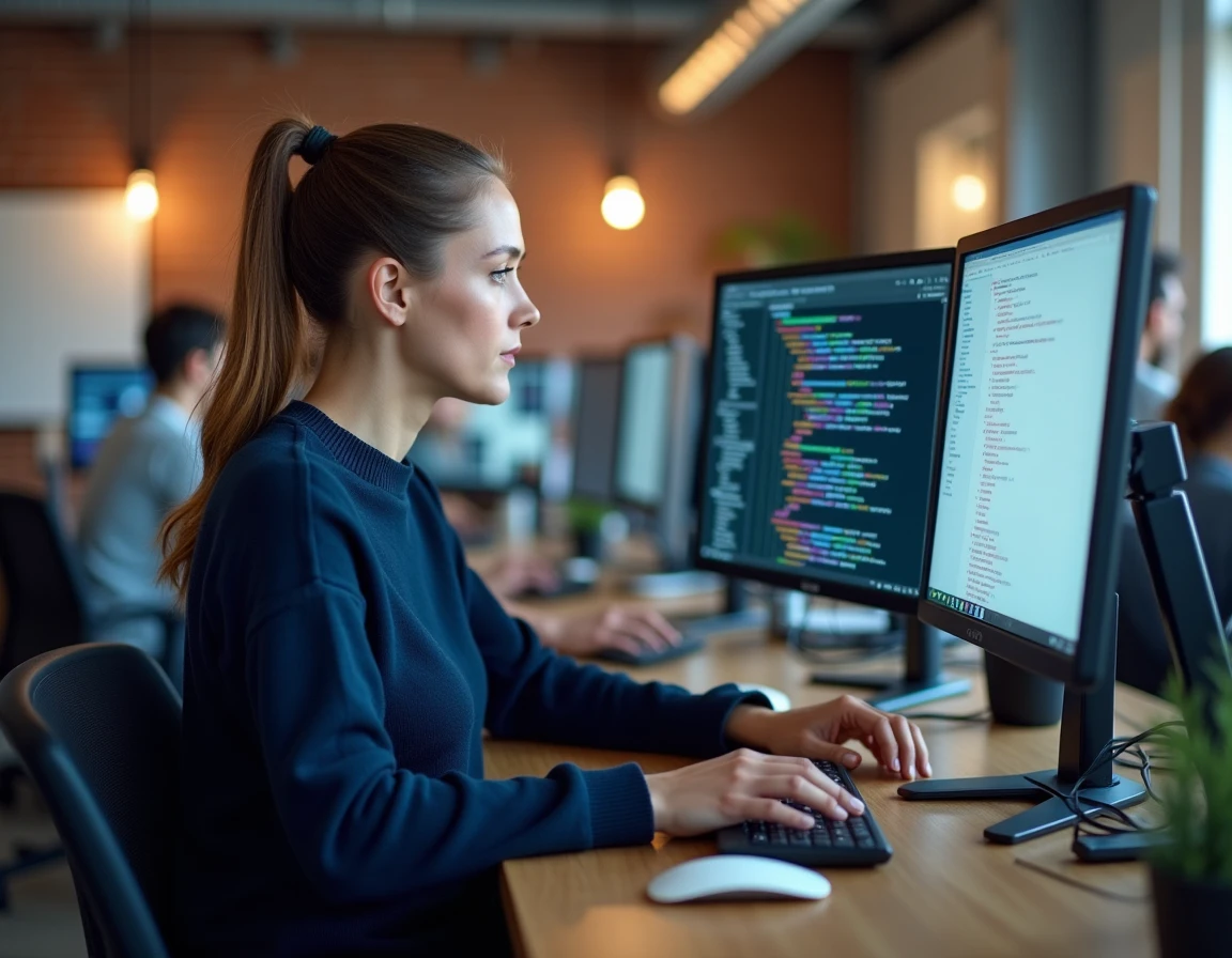 Développeuse web consultant une documentation d'API sur deux écrans dans un bureau tech moderne, illustrant l'intégration de connectivité entre systèmes