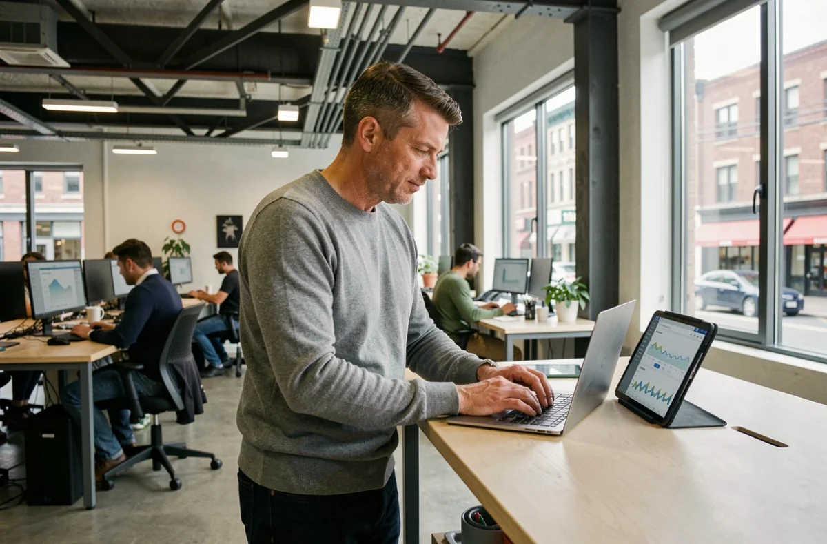 Entrepreneur masculin travaillant sur son business en ligne dans un espace de co-working contemporain avec tableau de bord e-commerce