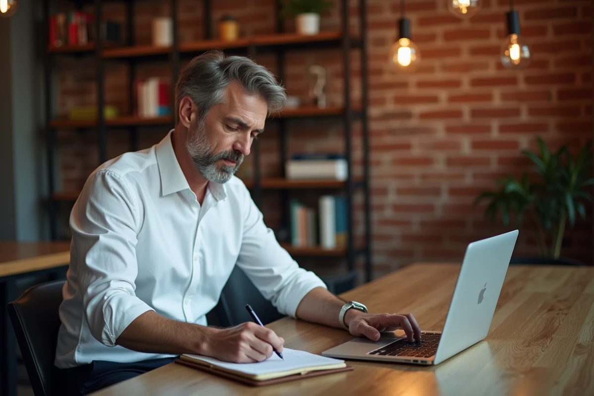 Entrepreneur concentré prenant des notes dans un espace de coworking tendance pour planifier ses objectifs 2024