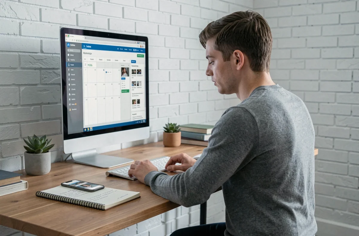 Entrepreneur travaillant seul sur une stratégie de marketing de contenu et de réseaux sociaux depuis son bureau à domicile