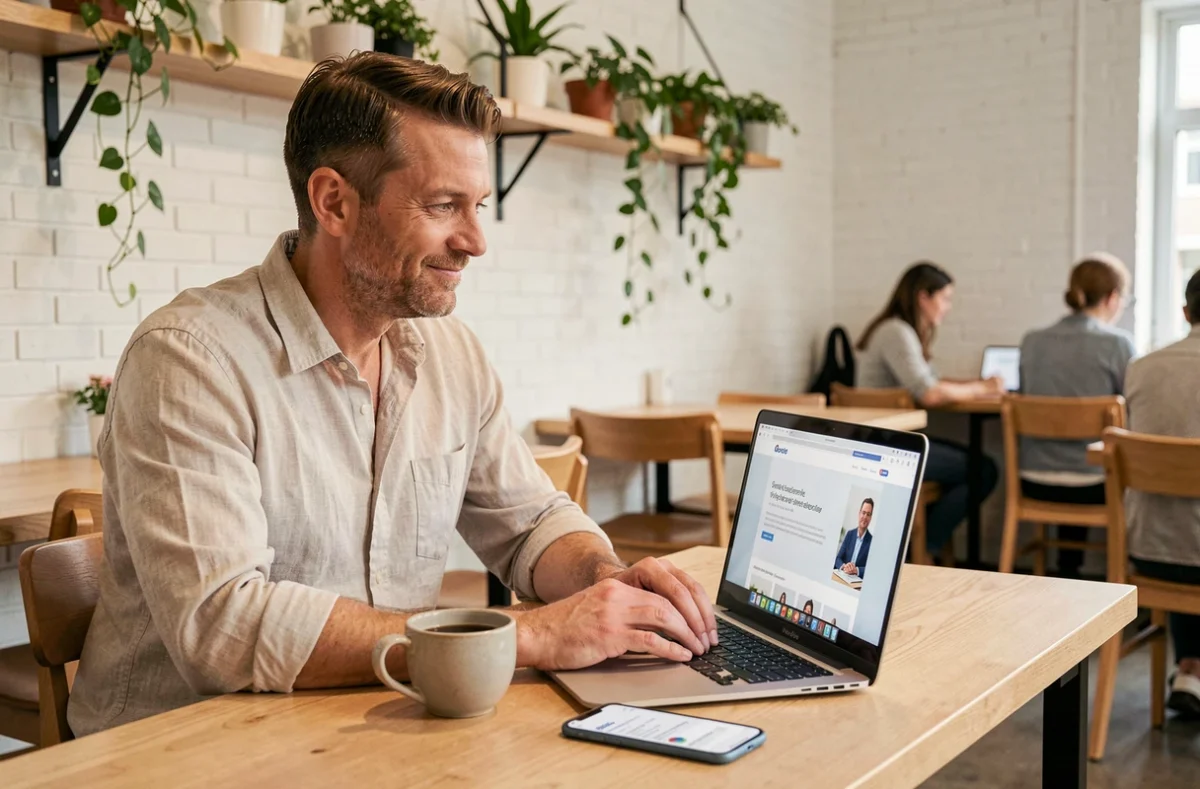 Entrepreneur consultant un site web redesigné par une agence digitale depuis un espace de co-working moderne