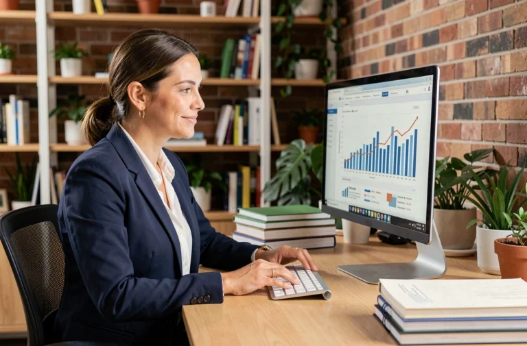 Entrepreneuse professionnelle analysant des données de business en ligne sur un écran dans un bureau moderne à domicile