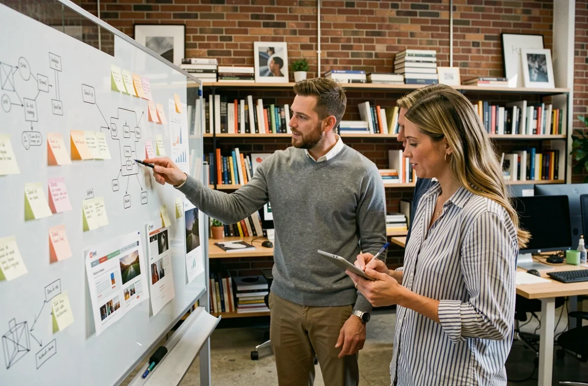Équipe d'une agence web travaillant ensemble sur une stratégie de présence digitale pour une entreprise cliente