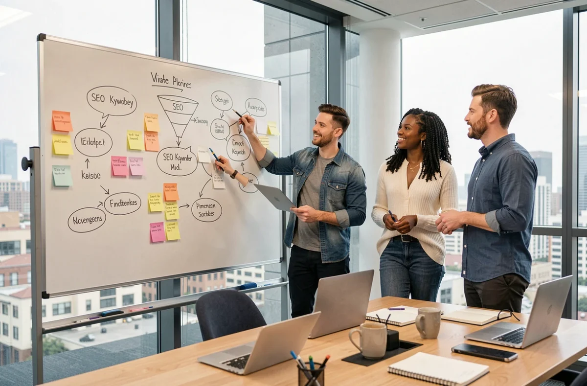 Équipe de marketing digital en séance de brainstorming autour d'un tableau blanc avec des stratégies SEO et de visibilité en ligne