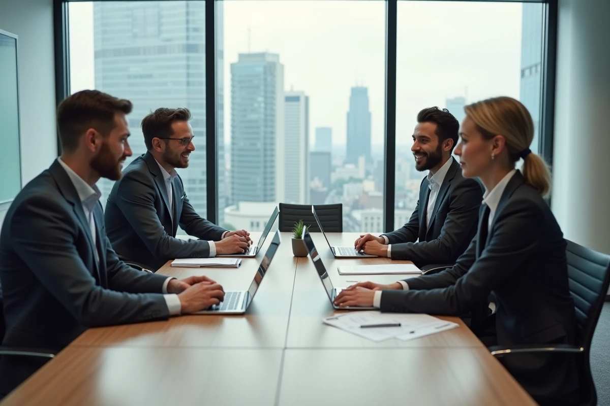 Équipe de professionnels en réunion de stratégie d'entreprise autour d'une table de conférence
