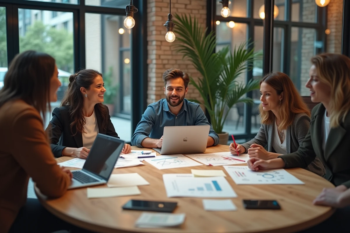 Équipe de professionnels en réunion stratégique autour d'une table avec rapports et ordinateurs portables