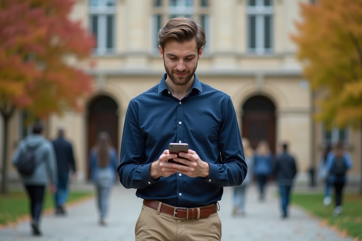 Étudiant utilisant son smartphone pour gérer son prêt étudiant MAIF devant un bâtiment universitaire
