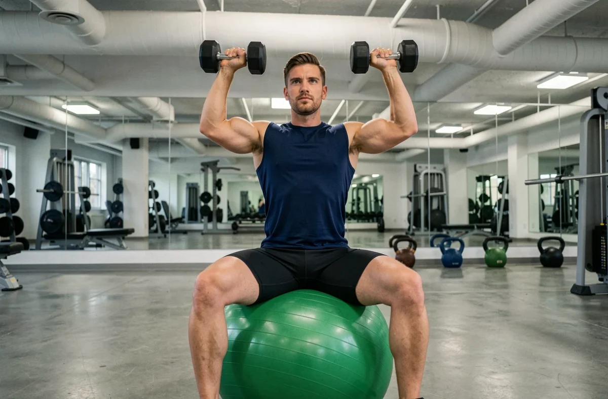 Homme musclé réalisant un développé épaule avec haltères assis sur un ballon de fitness vert dans une salle de sport professionnelle
