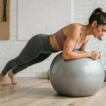 Femme en tenue de sport faisant une planche sur un ballon de gymnastique gris dans une salle de sport à domicile moderne