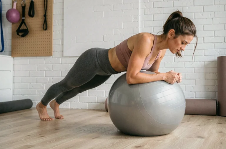 Femme en tenue de sport faisant une planche sur un ballon de gymnastique gris dans une salle de sport à domicile moderne