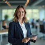 Femme d'affaires professionnelle consultant une tablette dans un bureau moderne en 2024