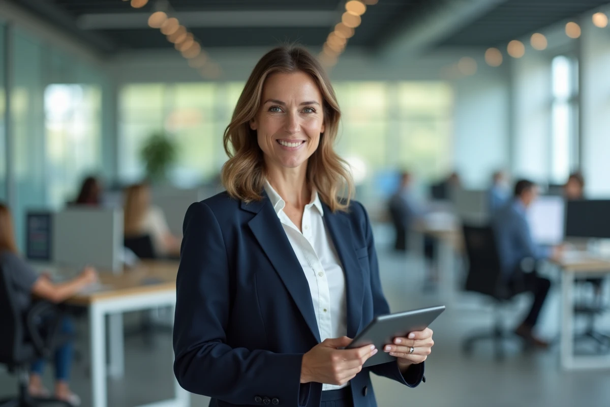 Femme d'affaires professionnelle consultant une tablette dans un bureau moderne en 2024
