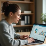 Femme utilisant une application de comptabilité gratuite en ligne sur son ordinateur portable dans un bureau à domicile moderne
