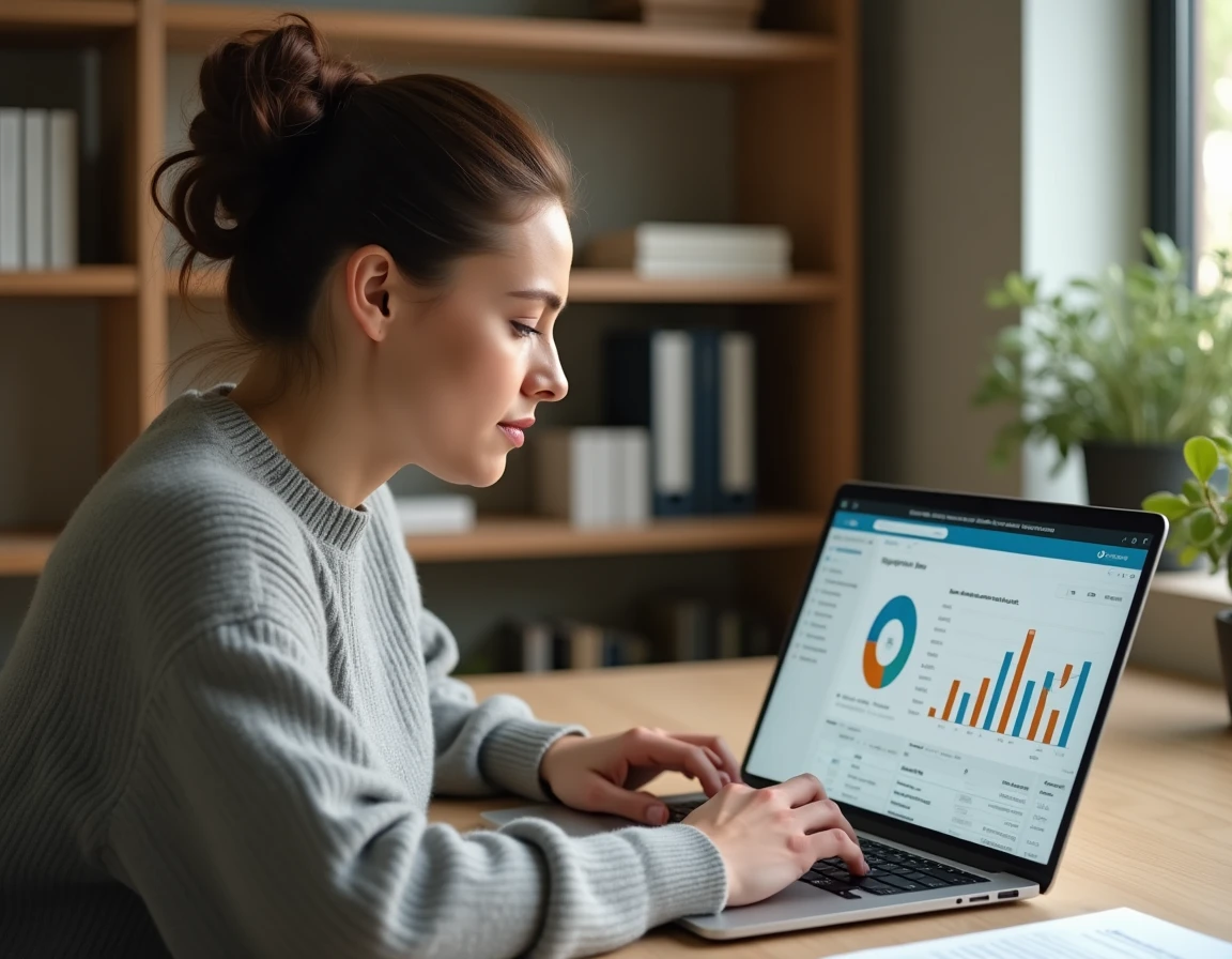 Femme utilisant une application de comptabilité gratuite en ligne sur son ordinateur portable dans un bureau à domicile moderne