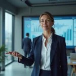 Femme cadre dirigeante analysant des tendances business sur un écran interactif dans un bureau moderne