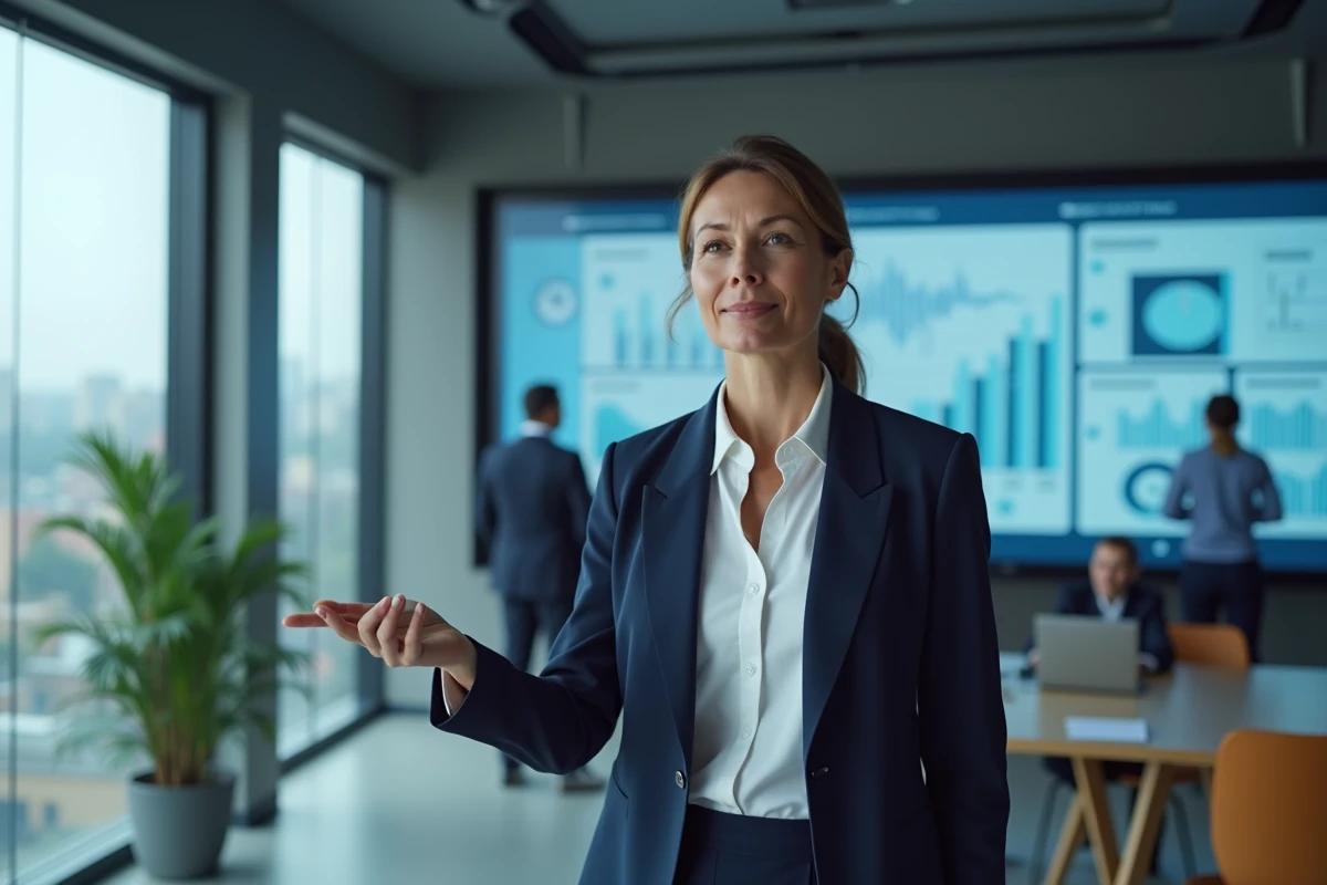 Femme cadre dirigeante analysant des tendances business sur un écran interactif dans un bureau moderne