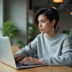 Femme développeuse explorant les dernières tendances informatiques sur un ultrabook dans un espace de travail moderne