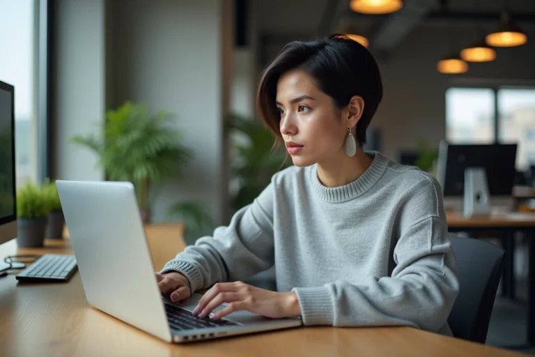 Femme développeuse explorant les dernières tendances informatiques sur un ultrabook dans un espace de travail moderne