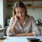 Jeune femme concentrée sur ses papiers et calculatrice