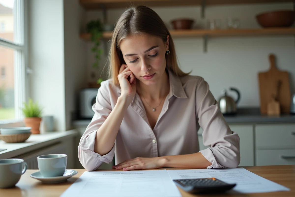 Jeune femme concentrée sur ses papiers et calculatrice
