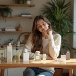 Femme explorant des parfums à la maison dans un intérieur cosy