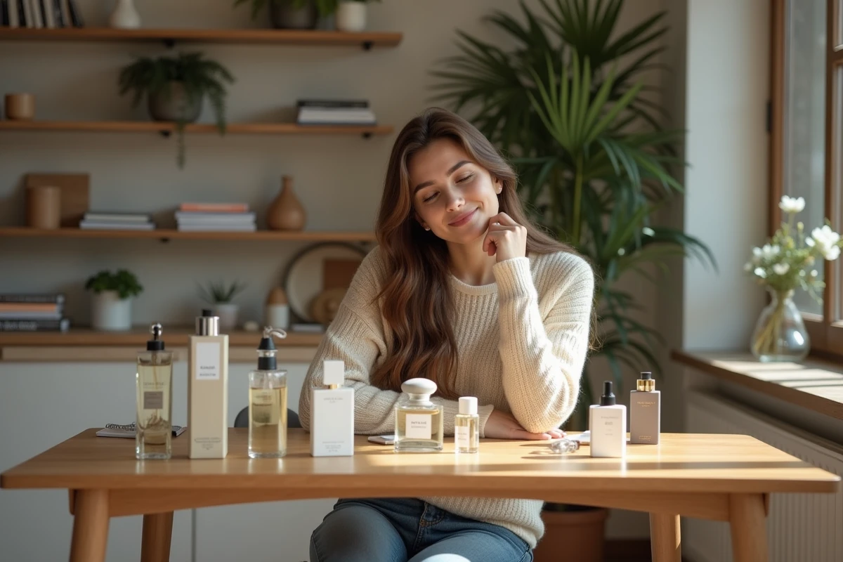 Femme explorant des parfums à la maison dans un intérieur cosy