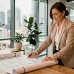Femme professionnelle de l'immobilier examinant des plans architecturaux dans un bureau moderne