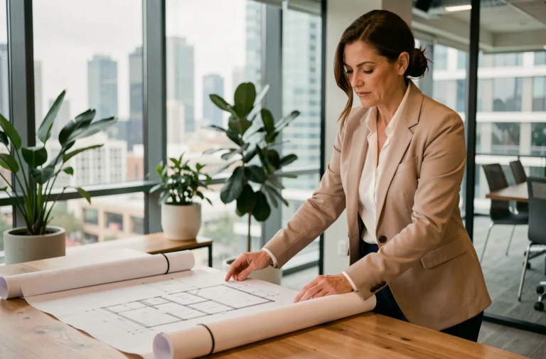 Femme professionnelle de l'immobilier examinant des plans architecturaux dans un bureau moderne