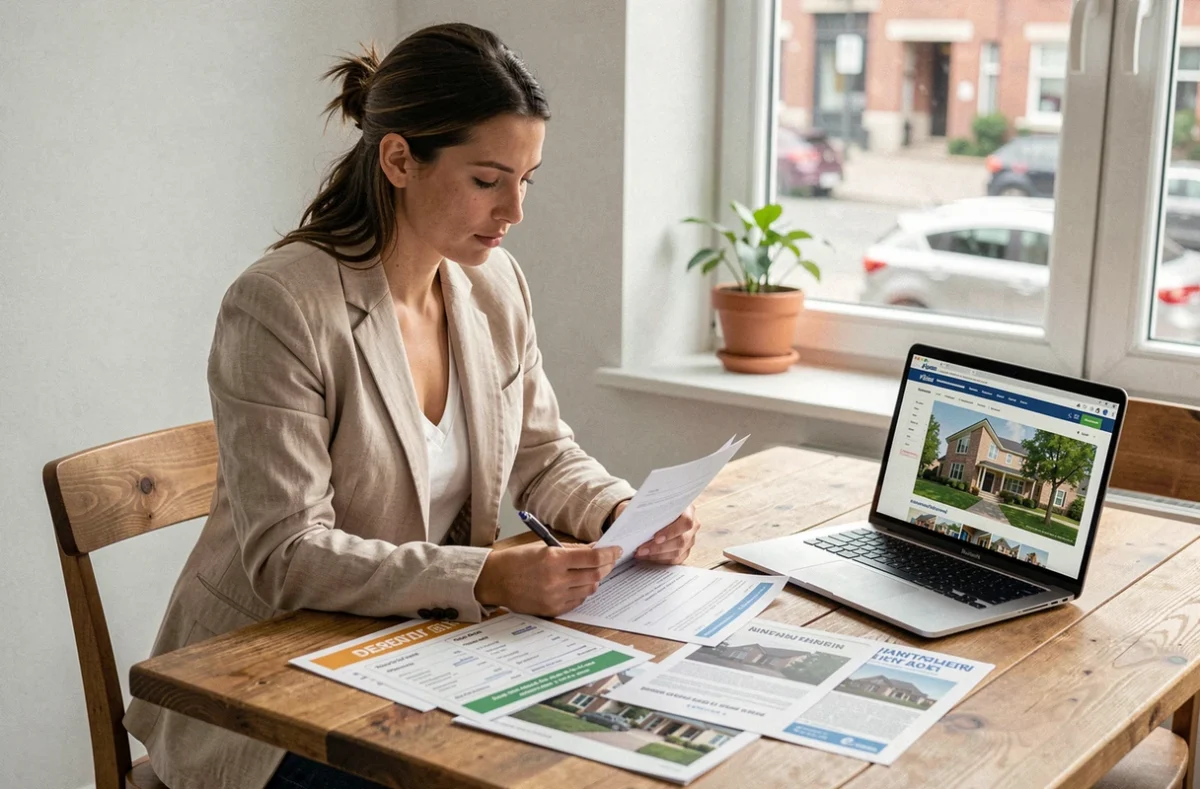 Femme comparant des offres de location immobilière sur ordinateur portable et documents imprimés dans un appartement moderne
