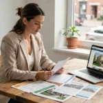 Femme comparant des offres de location immobilière sur ordinateur portable et documents imprimés dans un appartement moderne