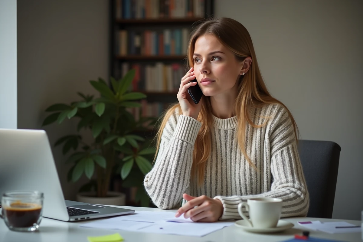 Femme au téléphone dans un bureau à domicile