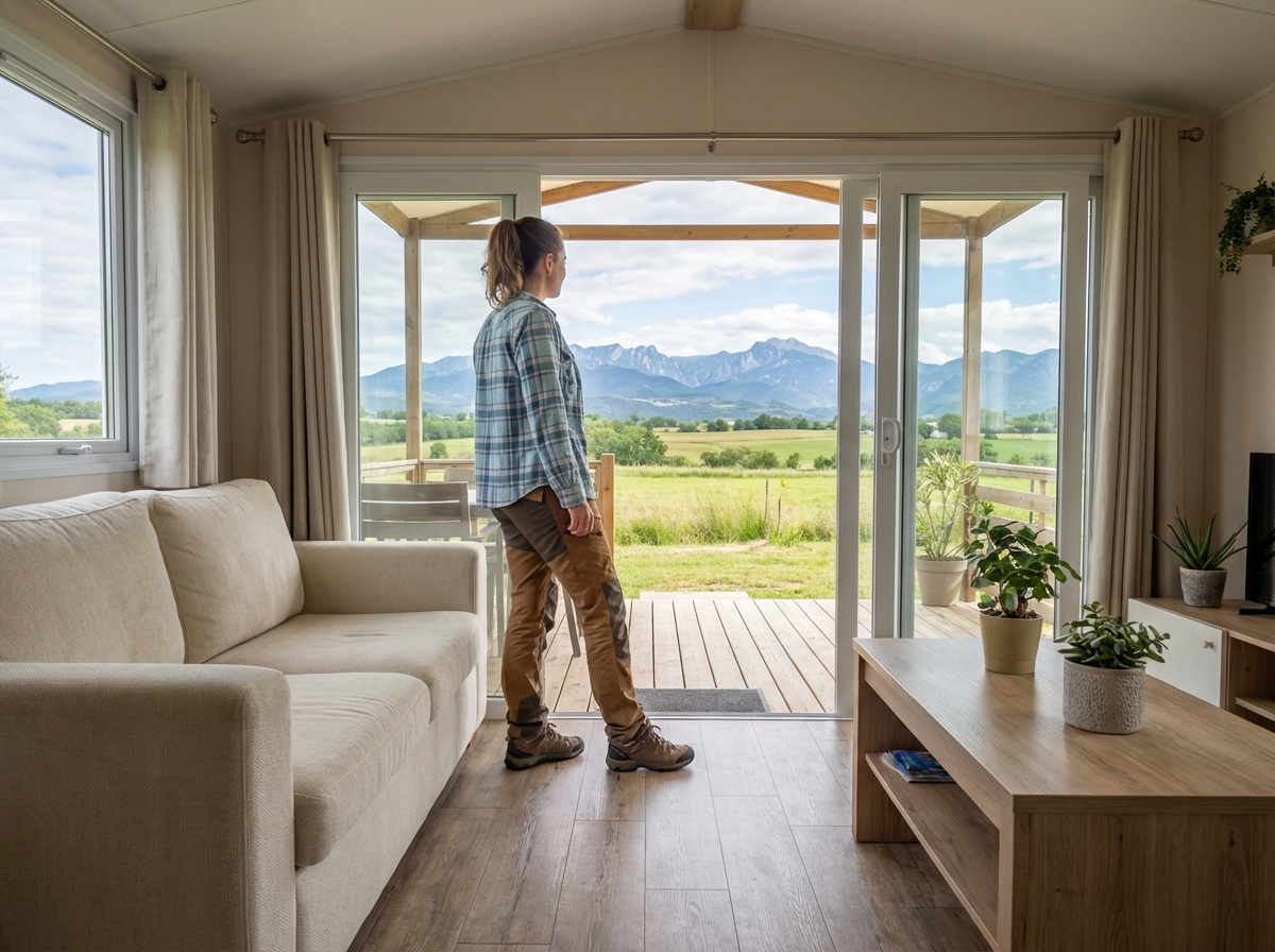 Jeune femme regardant la montagne depuis mobile home lumineux